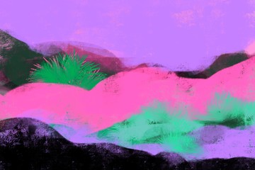 Obraz premium Abstract Landscape with bold colors, forms, tree, mountains, in modern colors