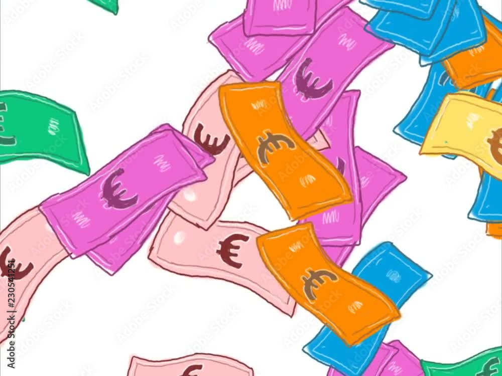 Poster 2d animation motion graphics showing a drawing of euro notes or bills falling down on white screen i