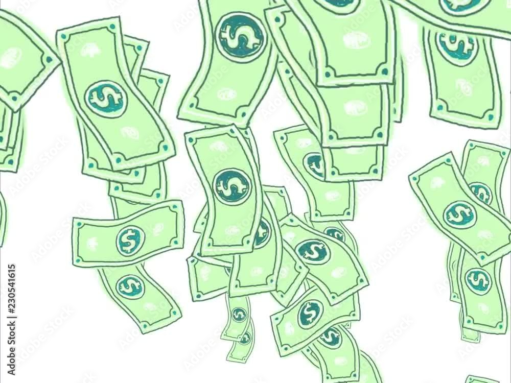 Poster 2d animation motion graphics showing a drawing of american us dollar notes or bills falling down on 