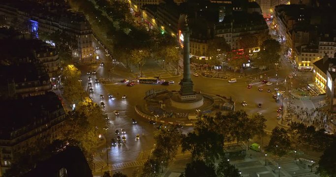 France Paris Aerial v49 Panning birdseye detail view of Place de la Bastille with traffic 8/18