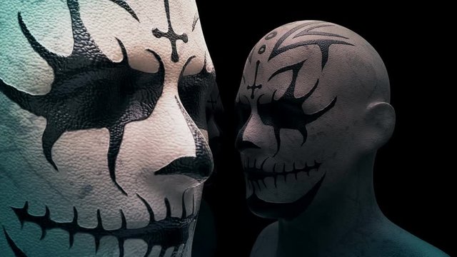 Corpsepaint Head VJ Loop - horror halloween scene of a corpse man with painted face and sewed mouth with the dark background. This stock motion graphic is perfect to use in your next Halloween and got