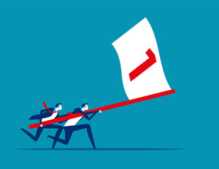 Business team holding flag number one and running the way forward. Concept business vector illustration, Winner, Teamwork, Success, Flat business cartoon.