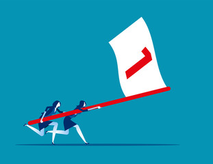 Business team holding flag number one and running the way forward. Concept business vector illustration, Winner, Teamwork, Success, Flat business cartoon.