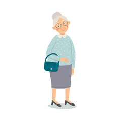 Elegant old woman cartoon character. Stylish ageless lady with glasses and handbag. Cartoon vector hand drawn eps 10 illustration isolated on white background in a flat style.