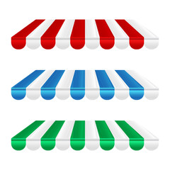 Commercial Vector Awning Series. Shop, Cafe, or Restaurant Symbol. Striped Multicolored Awnings Isolated on White Background. Design Element for Poster, Banner, Advertising.