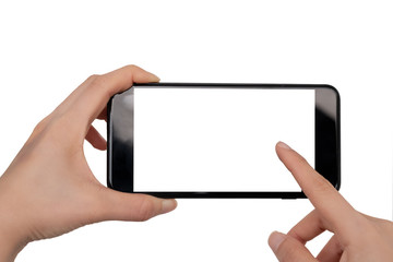 hand holding smartphone mobile and touching screen isolated on white background, cliping path inside