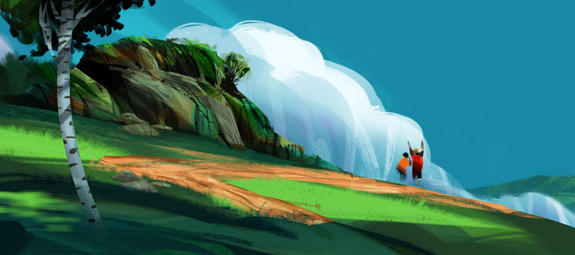 a couple standing on the high hill against mountains and blue sky, digital illustration art painting design style. (wide screen)
