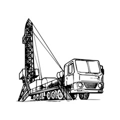 Mobile oil drilling complex. Sketch style drawing isolated on a white background. EPS10 vector illustration