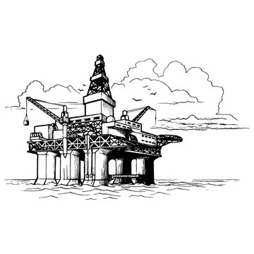 Offshore oil drilling platform. Sketch style drawing isolated on a white background. EPS10 vector illustration
