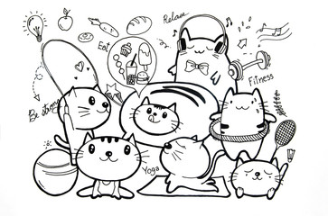 Healthy and Fitness doodles set of cats cartoon character with clipping path