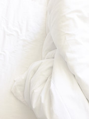 White Pillow On Bed And With Wrinkle Messy Blanket In Bedroom, From Sleeping In A Long Night Winter