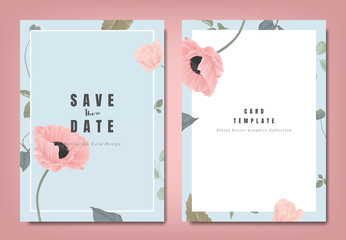 Botanical wedding invitation card template design, pink poppy flowers and leaves on blue background, minimalist vintage style