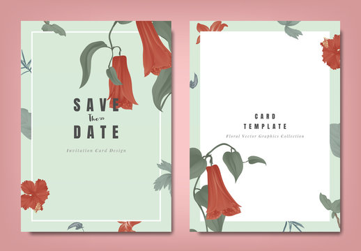 Botanical wedding invitation card template design, red Lapageria rosea flowers and leaves on green background, minimalist vintage style