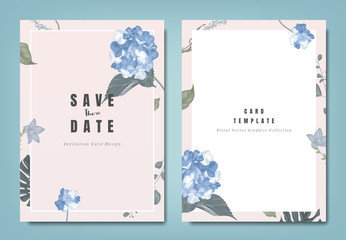 Botanical wedding invitation card template design, blue hydrangea flowers and leaves on light pink background, minimalist vintage style