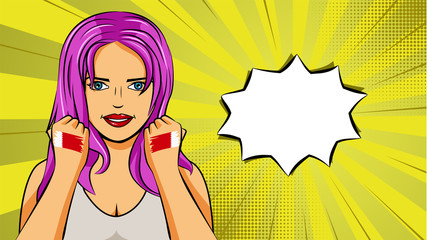 European woman paint hands of national flag Bahrain in pop art style illustration. Element of sport fan illustration for mobile and web apps