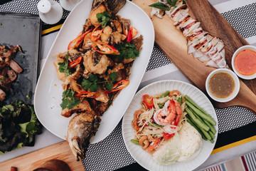  Sea Food Dinner near hotel pool. Exotic summer party. Tropical beach lifestyle.