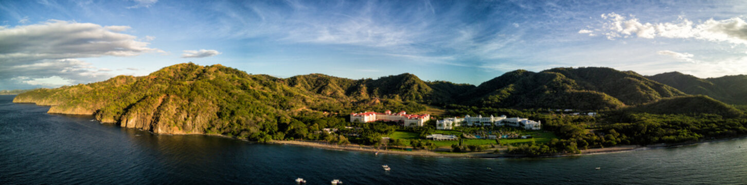 Aerial drone photo of resort hotels on the Pacific Ocean coastline of Costa Rica
