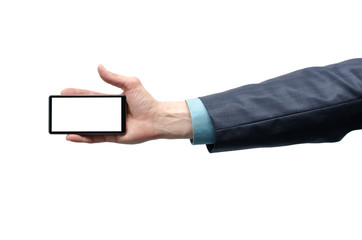 Mobile phone with blank screen in the businessman hand isolated on the white background.