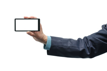 Mobile phone with blank screen in the businessman hand isolated on the white background.