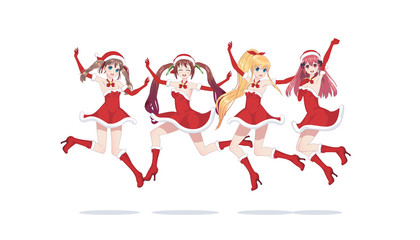Joyful anime manga girls as Santa Claus in a jump