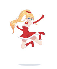 Joyful anime manga girl as Santa Claus in a jump