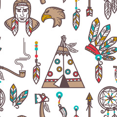 Native American Indians traditional culture symbols pattern background.