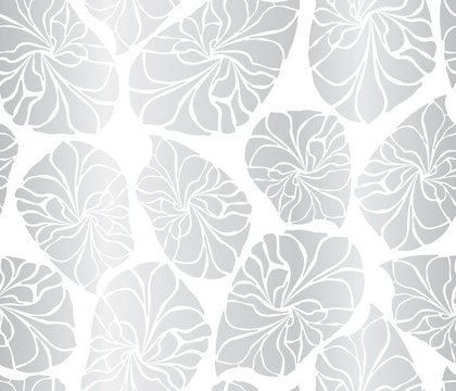 Silver foil mosaic leaves seamless vector background. Metallic abstract leaf shapes on white background. Elegant, luxurious pattern for wallpaper, scrap booking, banner, packaging, wedding, party