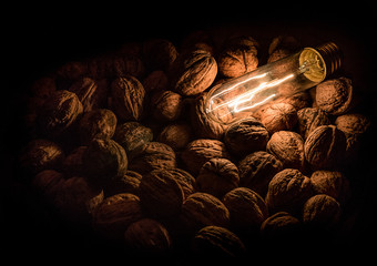 Walnuts on dark background with vintage lamp