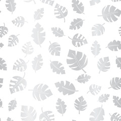 Silver foil leaves seamless vector background. Metallic scattered leaf pattern on white elegant backdrop design for wedding, celebrations, party, cards, invitation, birthday, Thanksgiving, web banner