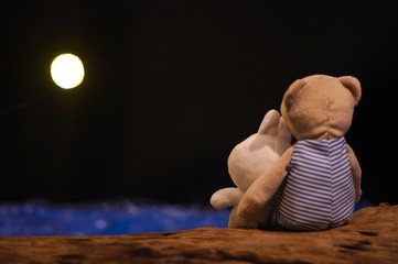 Teddy bear and rabbit dolls acting as couple sitting on a timber and looking at the moon in the romantic night at the shore of blue sea.