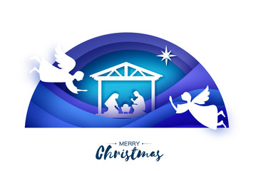Birth of Christ. Baby Jesus in the manger. Holy Family. Magi. Three wise kings and star of Bethlehem - east comet. Nativity Christmas graphics design in paper art style. Vector