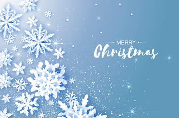 Merry Christmas and Happy New Year Greetings card. White Paper cut snowflakes. Origami Winter Decoration background. Seasonal holidays. Snowfall. Space for text. Blue