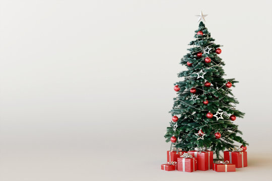 Christmas tree with red gift box on white background. 3d rendering