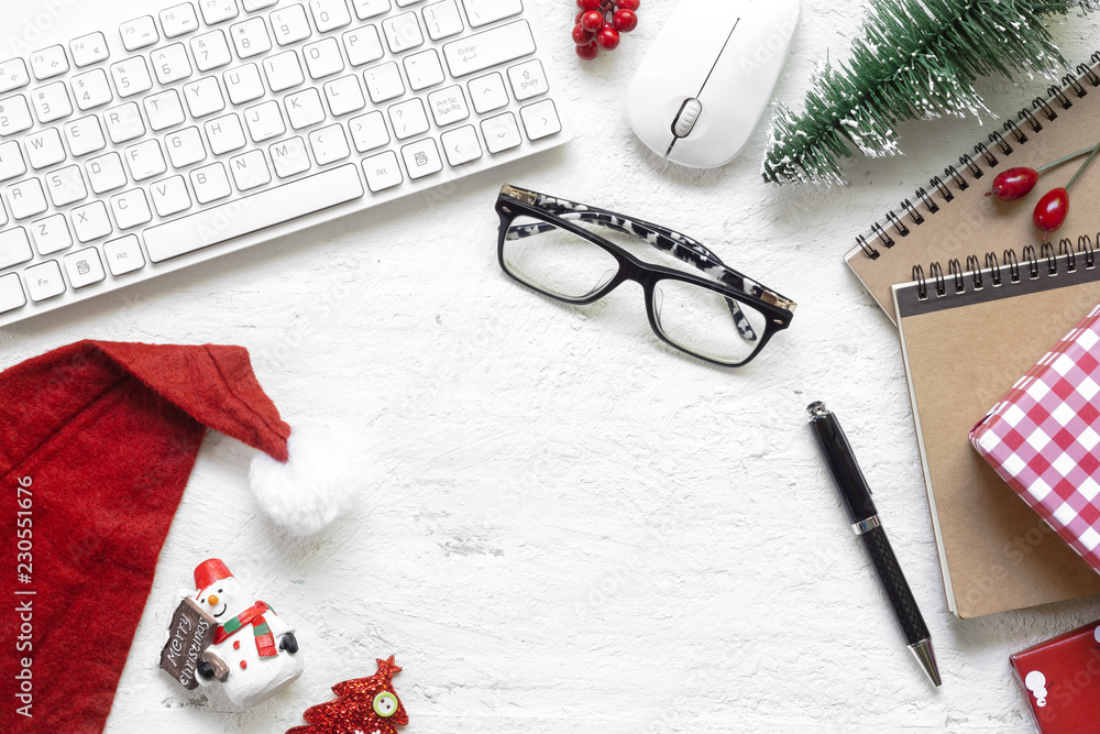 Poster merry christmas festival. flat lay office desk table with computer wireless mouse and keyboard and c
