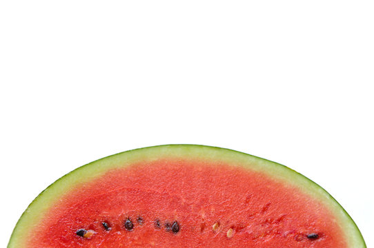 The slice of fresh red color watermelon with seeds isolated on white background with space for text.