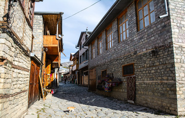 Fototapeta na wymiar Main central street of Lagich - a town in the Ismailly region, Azerbaijan. Lagich is a notable place in Azerbaijan, with its authentic handicrafts traditions