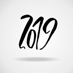 2019. Modern dry brush lettering. Grunge Happy New Year card design. Vector illustration.