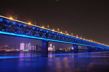 Night time at double deck bridge at Wuhan Yangtze River Bridge.