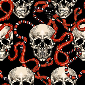 Skulls and red snakes. Vector seamless pattern