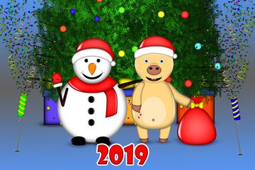 Fototapeta na wymiar Yellow pig wishes a happy new year and merry Christmas