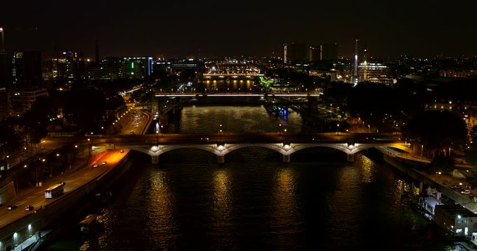 France Paris Aerial v69 Flying low over river cityscape view 8/18