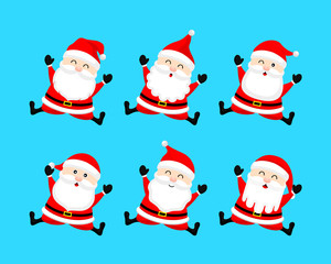 Fototapeta premium Collection of cute cartoon Santa Claus. Merry Christmas and Happy New Year. Vector illustration isolated on blue background.