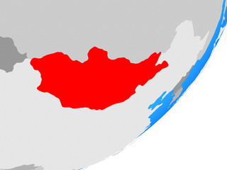 Mongolia on blue political globe.