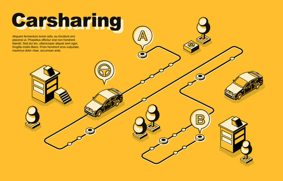 Carsharing Service Isometric Vector Concept Or Banner With Vehicles Moving Along Route, Between Destination Points Line Art Illustration. Auto Owners Club, Car Sharing Network, Rental City Transport