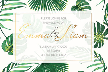 Wedding event invitation card template. Exotic tropical jungle rainforest bright green palm tree monstera leaves border frame on white background. Horizontal layout. Luxury golden text placeholder.