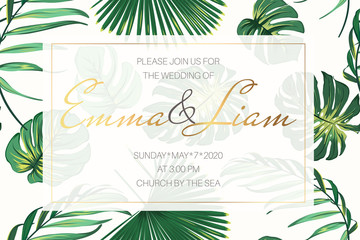 Wedding event invitation card template. Exotic tropical jungle rainforest bright green palm tree monstera leaves border frame on white background. Horizontal layout. Luxury golden text placeholder. © imaginarybo