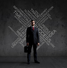 Businessman with briefcase standing over wall with text. Business, success, improvement, concept.  