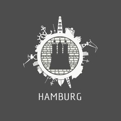 Sea shipping and travel relative silhouettes around the circle. Hamburg city element from coat of arms