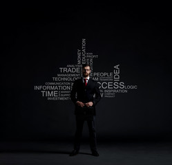 Businessman with briefcase standing over wall with text. Business, success, improvement, concept.  