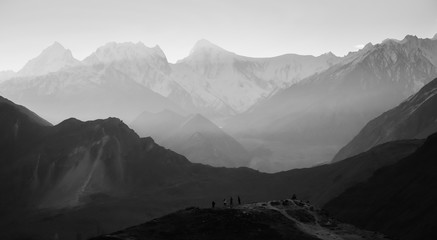 Landscape view of mountains in Karakoram range with morning fog. Eagle's nest viewpoint, Hunza...